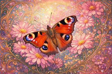 Peacock butterfly on pink flowers Art Nouveau by Linda de Klein