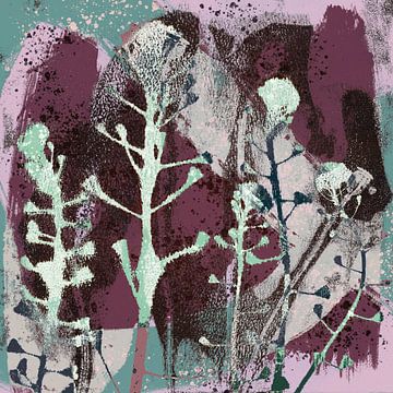 Fairytales of the forest. Colorful abstract botanical art in purple and green grey by Dina Dankers