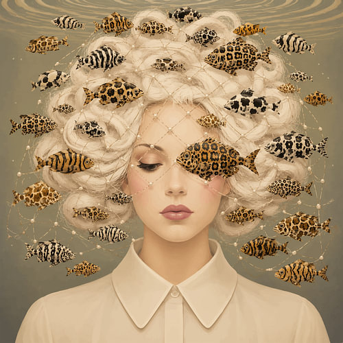 Wild catch | Illustratief vrouwenportret met vissen van Mirjam Duizendstra