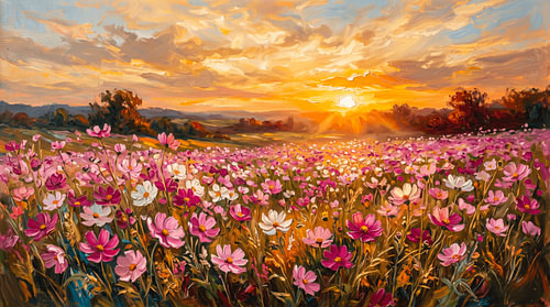 Impressionistisch olieverfschilderij van een roze cosmosbloemenveld bij een gouden zonsondergang