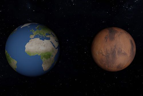 Een 3D-weergavebeeld van het verschil in grootte tussen de aarde en Mars