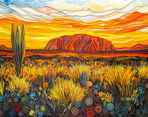 Het landschap van de Outback rond Uluru in quillingstijl