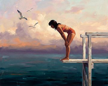 Femme sur un plongeoir au coucher du soleil sur Jan Keteleer