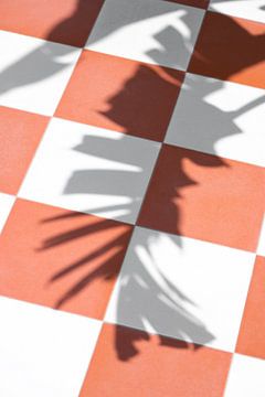 Rood wit schaakbord vloer met schaduw van palmblad van Jenine Blanchemanche