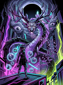 Cyberpunk-Lichtschwertkämpfer, kybernetischer Kristalldrache – Science-Fiction-Grafikillustration von The Deeper Way
