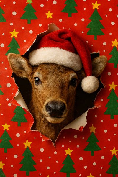 Christmas Surprise - Reindeer in Gift Paper by But First Framing