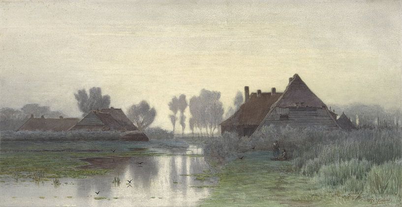 Boerenwoningen aan het water bij ochtendnevel, Paul Joseph Constantin Gabriël van Meesterlijcke Meesters