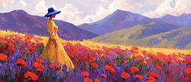 Frau im Blumenfeld – Farbenspiel von Poster Art Shop