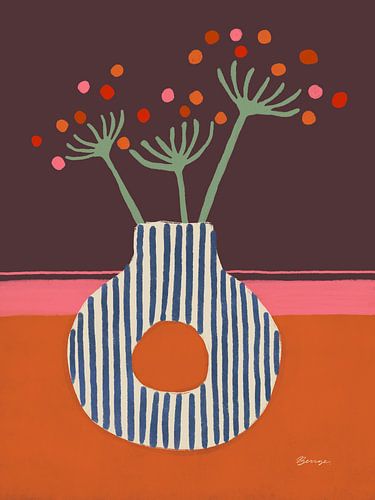 Vase organique rayé avec fleurs