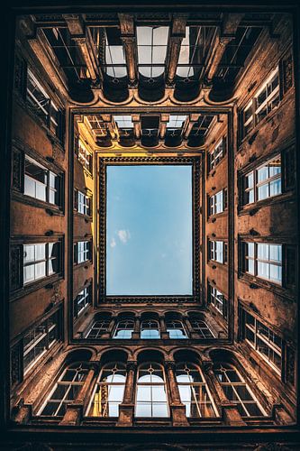 Inner courtyard in Budapest, view upwards