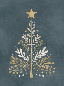 Minimalistischer Weihnachtsbaum mit goldenem Stern und verschnörkelten Blättern auf dunklem Hintergrund