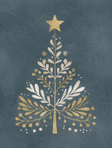 Minimalistischer Weihnachtsbaum mit goldenem Stern und verschnörkelten Blättern auf dunklem Hintergrund