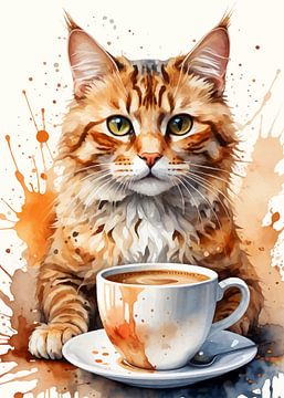 Kat en koffie aquarel van MIROKKU