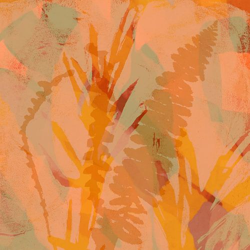 Moderne abstracte kunst. Bladeren in geel en licht terra.