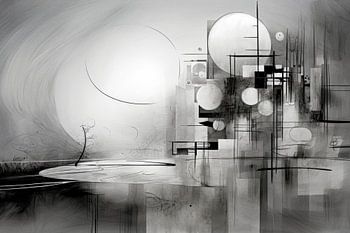 Paysage géométrique noir et blanc - Peinture abstraite mystérieuse