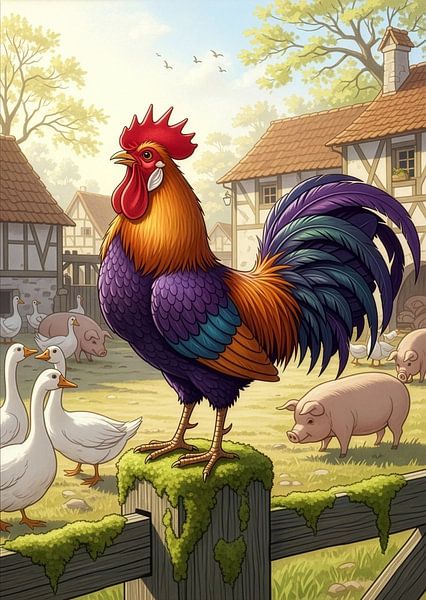Rooster on Fence with Farm Animals and Buildings by Markus Gann