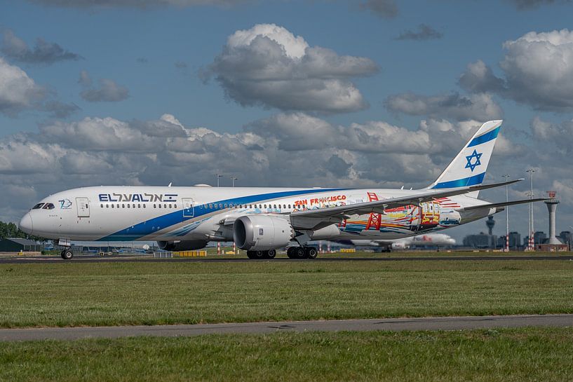 El Al Boeing 787 with special painting departs from Polderbaan towards Tel Aviv. by Jaap van den Berg