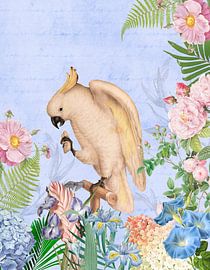 Tropische vogel in de blauwe bloemenjungle van Floral Abstractions