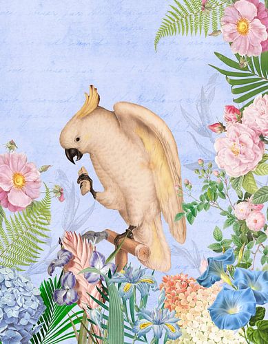 Oiseau tropical dans la jungle de fleurs bleues