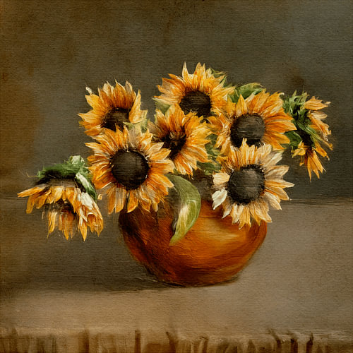 Classic and Timeless still life of an earthenware pot with sunflowers