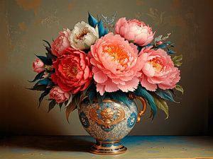 Romantisch stilleven: Roze pioenrozen in klassieke vaas