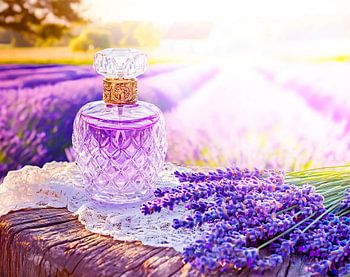Parfümflasche in einem blühenden Lavendelfeld