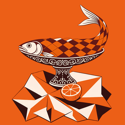 Fisch auf einer Schale mit Rautenmuster