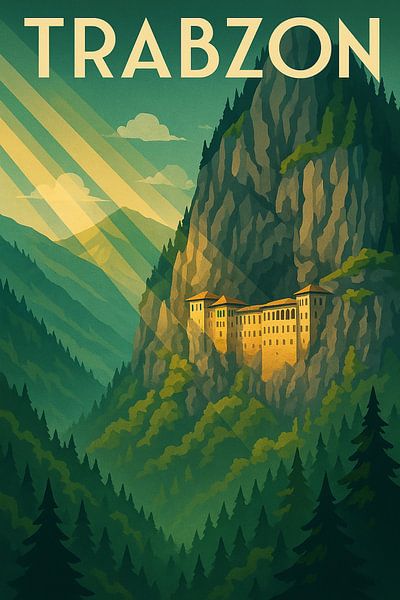 Trabzon Art Deco Poster - Sumela Monastery Wall Print par Travel Shop
