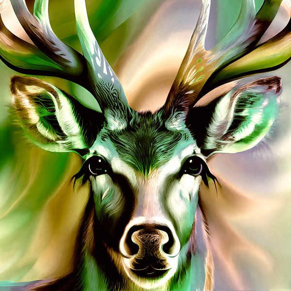 Deer head in northern lights by Vlindertuin-Art