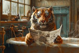 Tiger lit le journal dans une salle de bain rétro sur Poster Art Shop