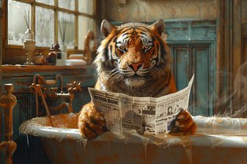 Tiger reads newspaper in retro bathroom by Felix Brönnimann