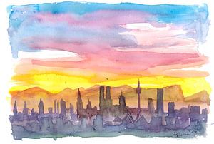 De skyline van München-Beieren in een gouden zonsondergangstemming