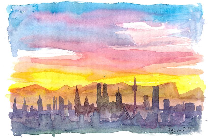 De skyline van München-Beieren in een gouden zonsondergangstemming van Markus Bleichner