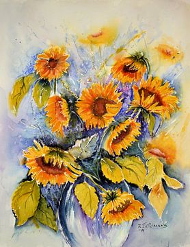 Zonnebloemen in Vaas van Rita Tielemans Kunst