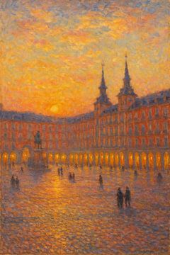 Madrid Plaza Mayor Sunset – Historic Spanish Square Impressionist Art by Travel Shop