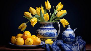 Still life with yellow tulips and Delft Blue by Vlindertuin Art