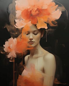 Contemporary art portret in oranje en roze van Carla Van Iersel