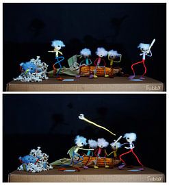 Fubby die slagbal spelen met mais/popcorn.