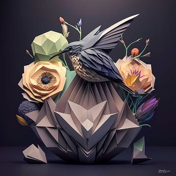 origami van een vogel met bloemen van Gelissen Artworks