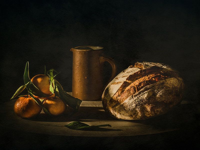 Nature morte avec mandarines et pain par Miriam Meijer, en pleine campagne.....