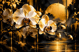 Orchidées blanches en noir et or | Composition florale luxueuse avec un soleil doré | Affiche au format paysage sur ButterflyPix