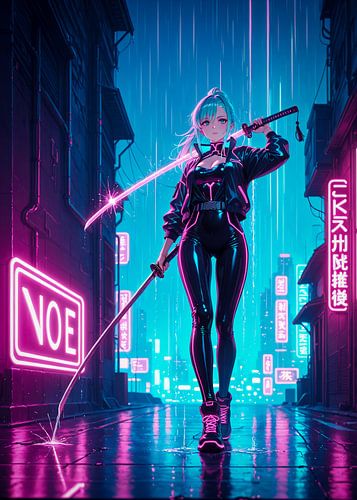 Samurai Girl Anime Cyberpunk Stil Japan