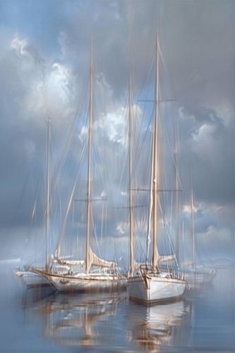 Calm sea, sailboats in motion and soft colours create a dreamy summer atmosphere