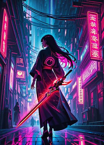Vrouwelijke Samurai die Katana vasthoudt met de toon van een cyberpunk stadslandschap