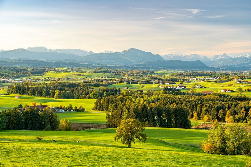 Uitzicht over de Allgäu naar de Allgäuer Alpen en het Grüntengebergte van Leo Schindzielorz