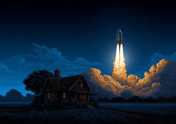 Space Shuttle Raketenstart bei Nacht hinter dem Bauernhaus von BINEDITS