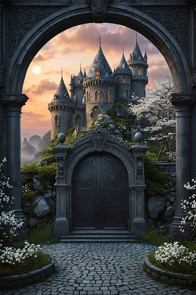Stone archway leading to majestic castle at sunset by Markus Gann