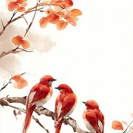 Drei rote Vögel auf einem Ast von Digital Picture Art