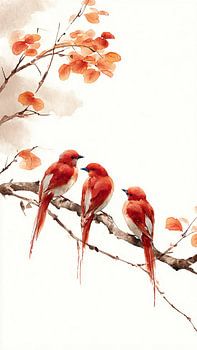 Drie Rode Vogels op Tak
