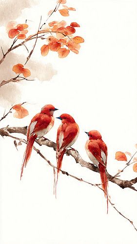 Three Red Birds on a Branch